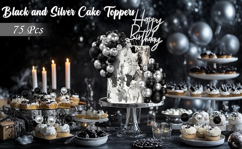 75 PCS Black and Silver Balls Cake Topper Happy Birthday Cake Insert for Baby gallery