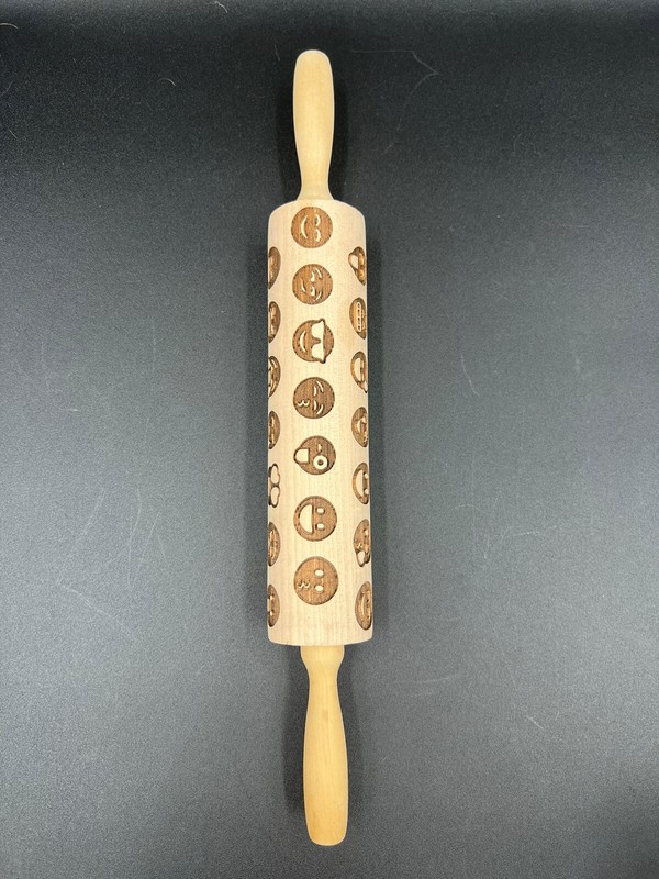 Wooden Embossed Rolling Pin Emoji Faces Cookie Dough Stamp Roller Baking Tool