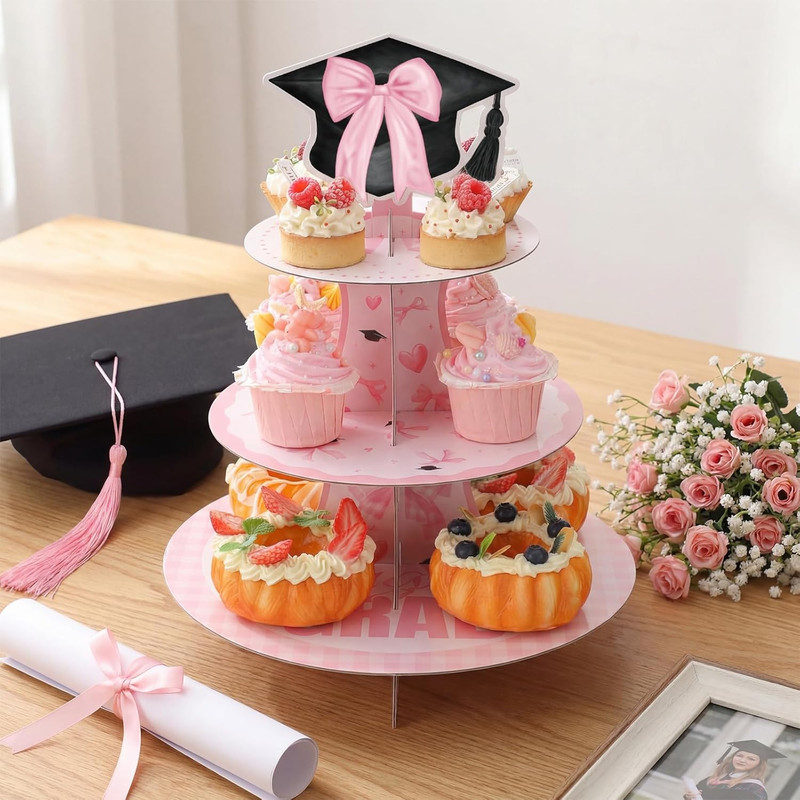 2 Set 3 Tier Pink Bow Graduation Cupcake Stand for 24 Cupcakes Pink Graduation C gallery