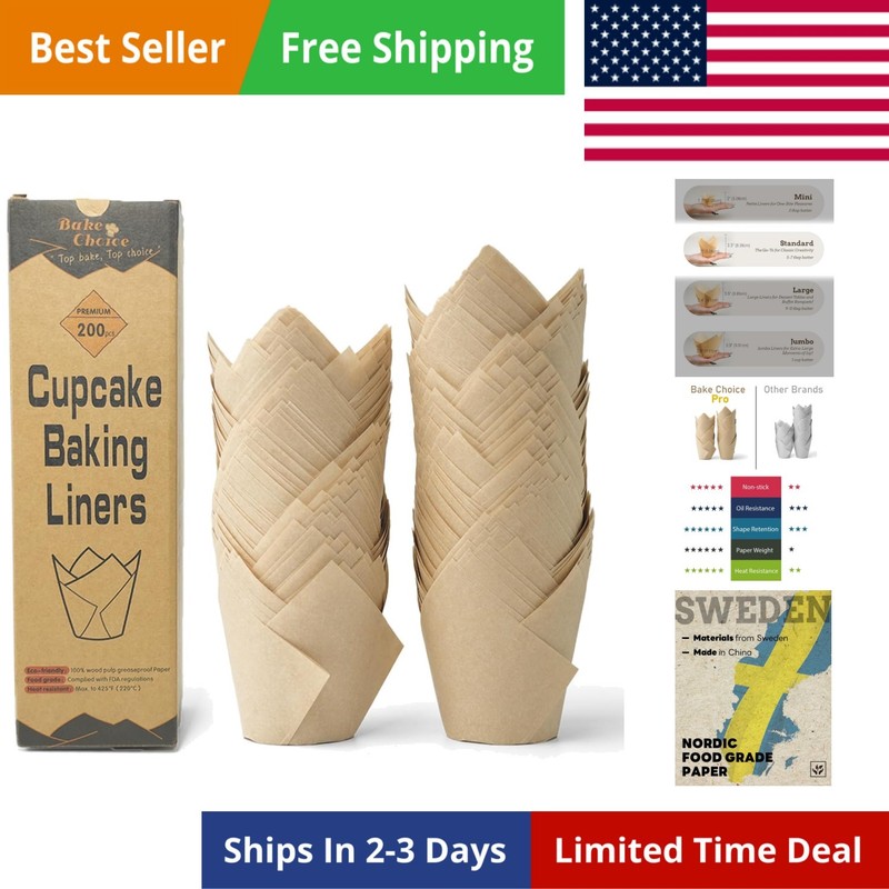 200pcs Natural Tulip Cupcake Liners for Baking Cups Unbleached European Parch…