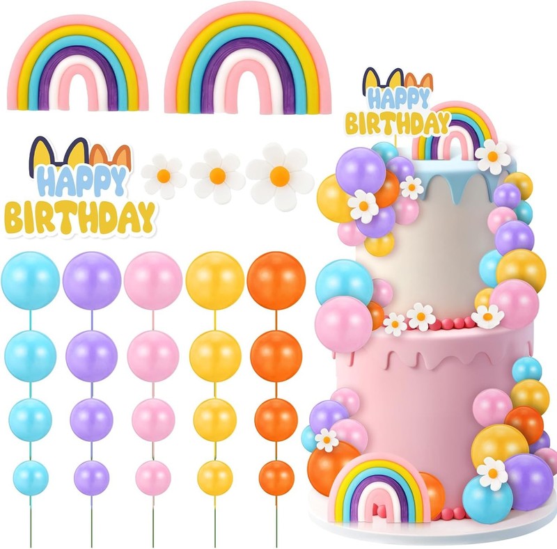 63 Pcs Cake Toppers with Balls Daisy Rainbow Cake Topper, Blue Cake Topper