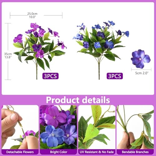Artificial Fake Flowers for Outdoor, 6 Bundles Double Purple,dark&light Blue gallery