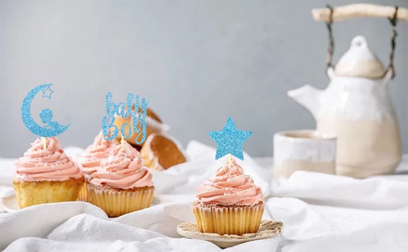 24 PCS Baby Shower Boy Cupcake Toppers with Moon Star Blue Glitter Cupcake Picks gallery