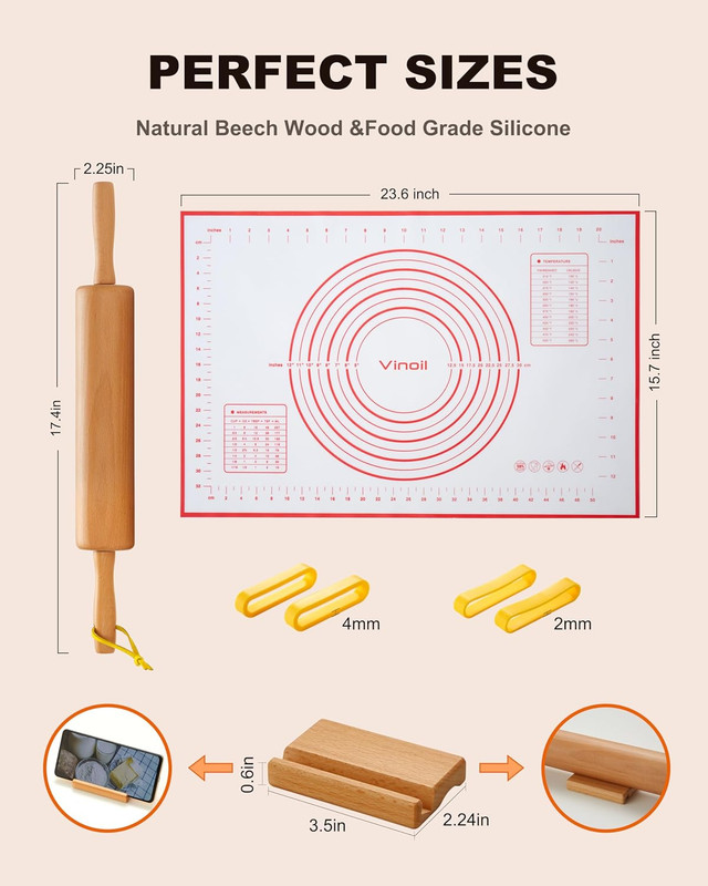 Classic Wood Rolling Pin, 17" Rolling Pins for Baking with Silicone Mat and Adju gallery
