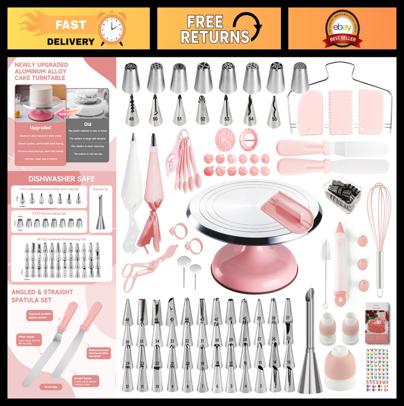 138pcs Cake Decorating Kit – Turntable, 64 Icing Tips, Spatulas, Piping Bags & T