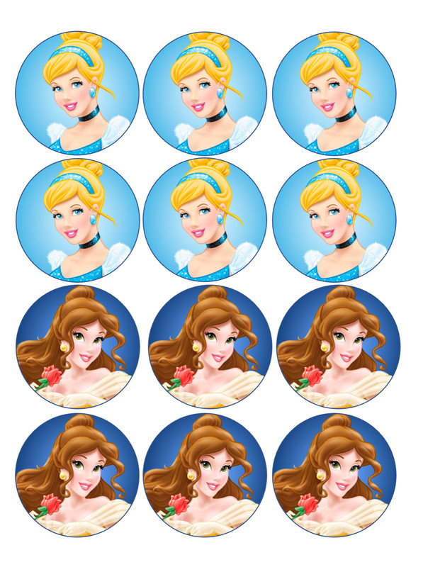 Set of 12 Belle and Cinderella, edible paper, cupcake cookie toppers PRE CUT