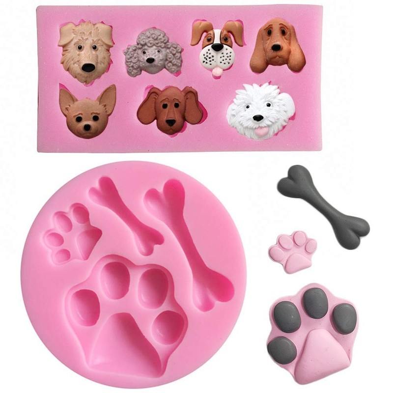 2Pcs/Set Dog Paw & Bone Fondant Molds Silicone Chocolate Candy Gumpaste Pink