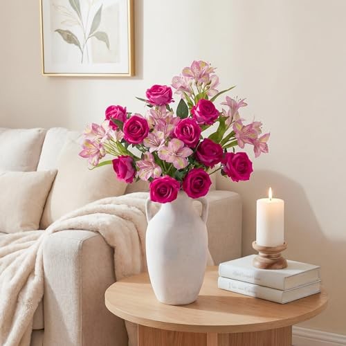 Fake Flowers, 14 Pcs Fake Roses & 10 Pcs Hot Pink Roses & 4 Pcs Pink Lilies gallery