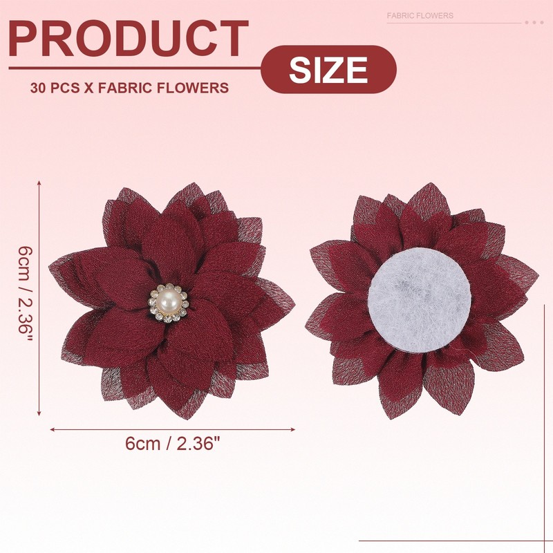 30Pcs Fabric Flowers 2" With Pearls And Rhinestones Bordeaux Color gallery