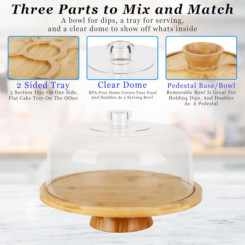 6 in 1 Large Bamboo Wood Cake Stand with Lid - Multiuse Wooden Cake Stand with D gallery