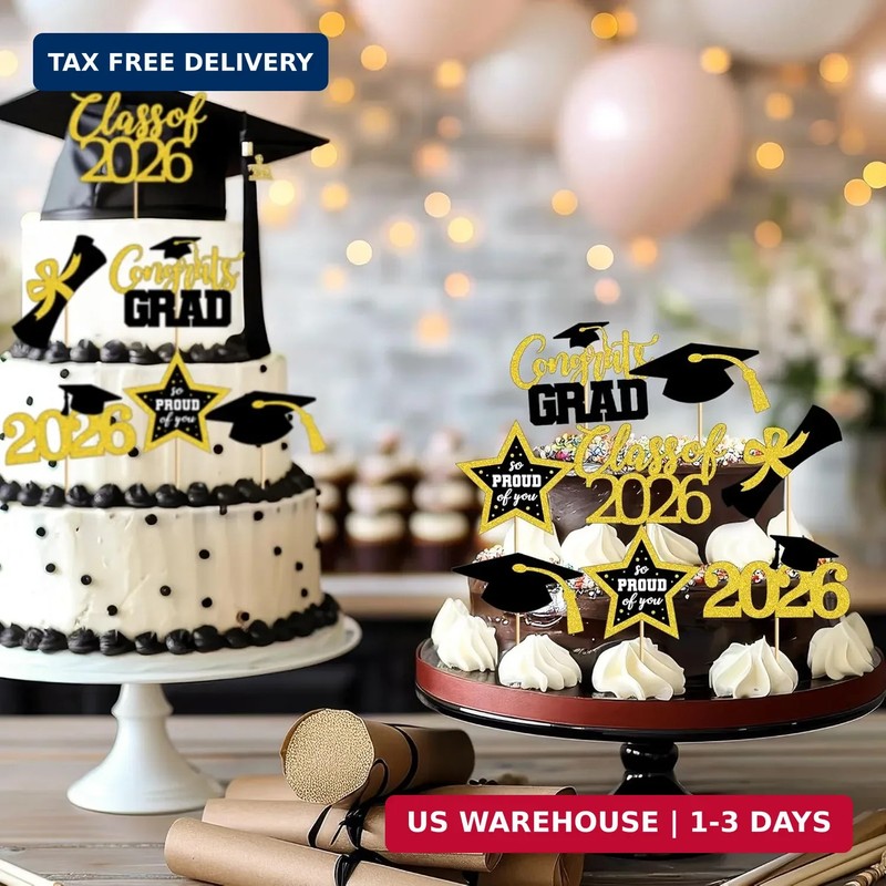 48 PCS Graduation Cupcake Toppers, 6 Styles Congrats Grad Cake Topper, Black and gallery