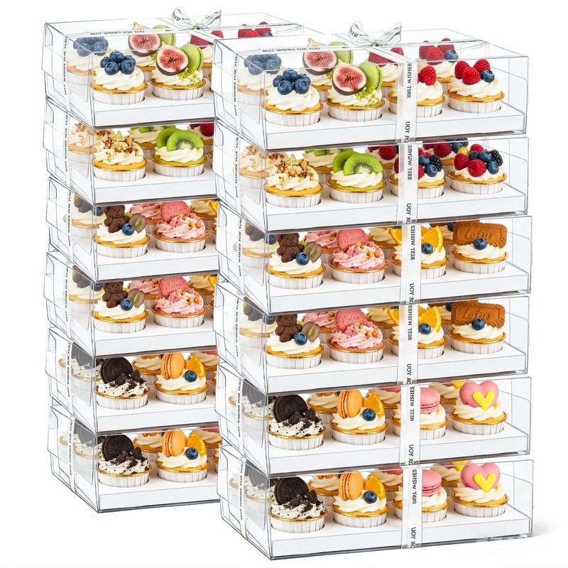 12 Pack Clear Cupcake Boxes, 12 Count Cupcake Containers with Gift Ribbon, Pl…