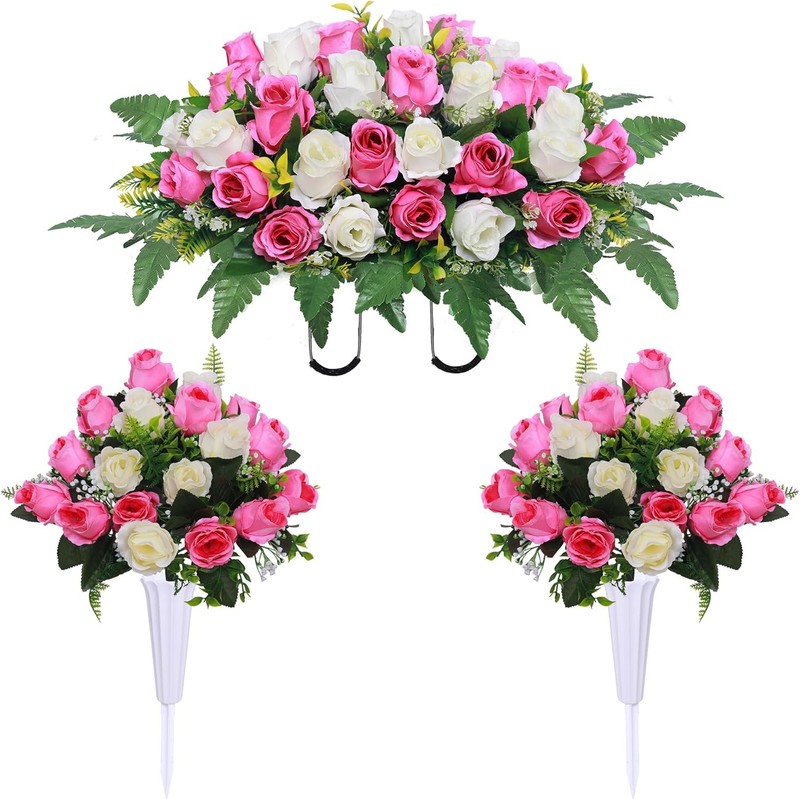 3 Pcs Artificial Cemetery Flower s, Rose Headstone Flower