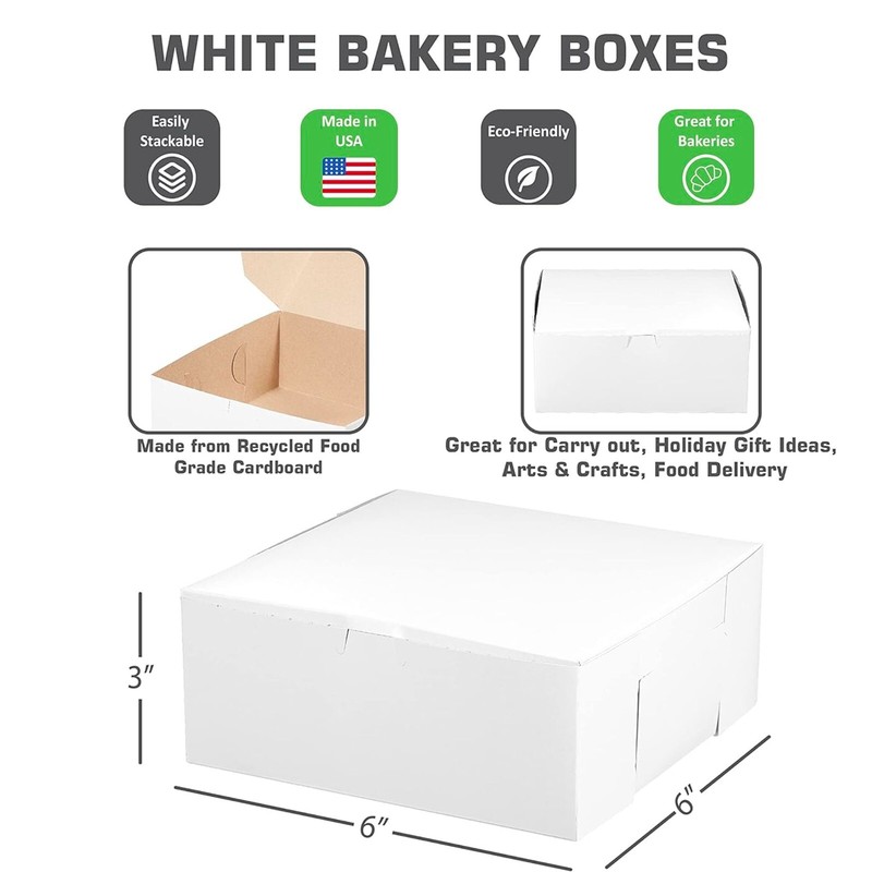 [ 25 Pack ] White Bakery Pastry Boxes – 6 x 6 x 3 In.
