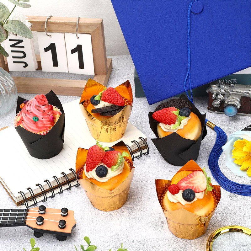 120 PCS Graduation Cupcake Liner Black Gold Tulip Foil Baking Cup Wrapper gallery
