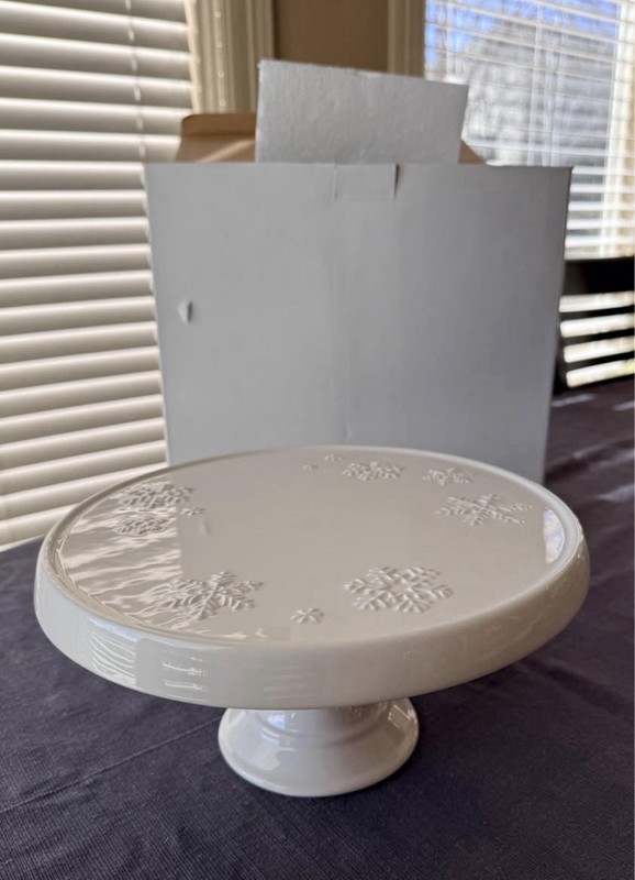 Christmas Hallmark Cake Plate Stand by Holiday Decor 10" wide Snowflake White gallery