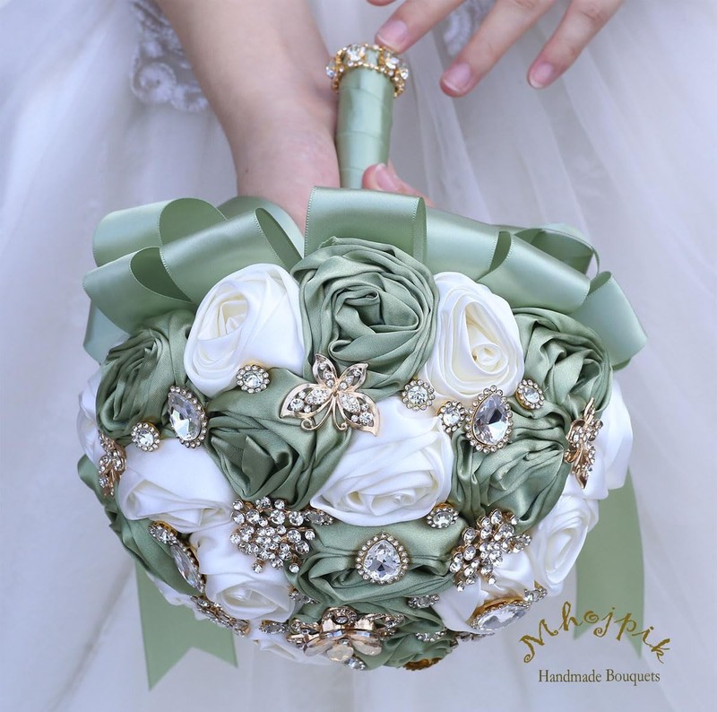 Mhojpik 6.3 Sage Bridal Wedding Bouquet Round Bling Brooch Bouquet Throw Toss gallery
