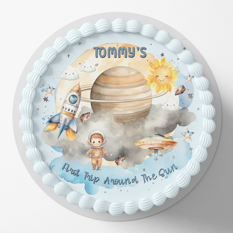 First Trip Around The Sun Pre-cut Round Edible Icing Cake Topper