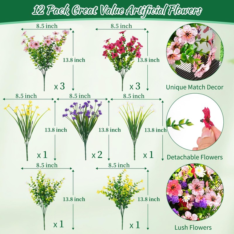 BLEUM CADE 12 Bundles Artificial Flowers for Outdoors, UV 12 Pack, Mixed Pink gallery