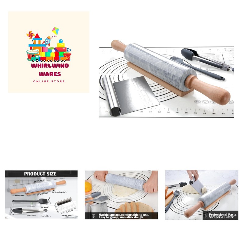 Handcrafted Marble 18.5″ Rolling Pin Set with Non-Stick Finish & Accessories