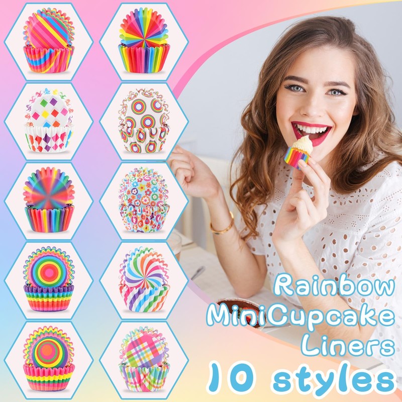 Rainbow Mini Cupcake Liners Muffin Baking Cups Colorful Mixed 10 Styles 800 PK gallery