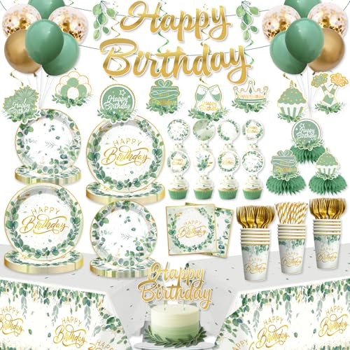 213 Pcs Sage Green Birthday Decorations Plates and Napkins Set, Gold 25 Guests gallery