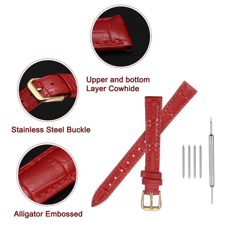 Leather Watch Strap 12mm Classic Replacement Print Red Gold gallery