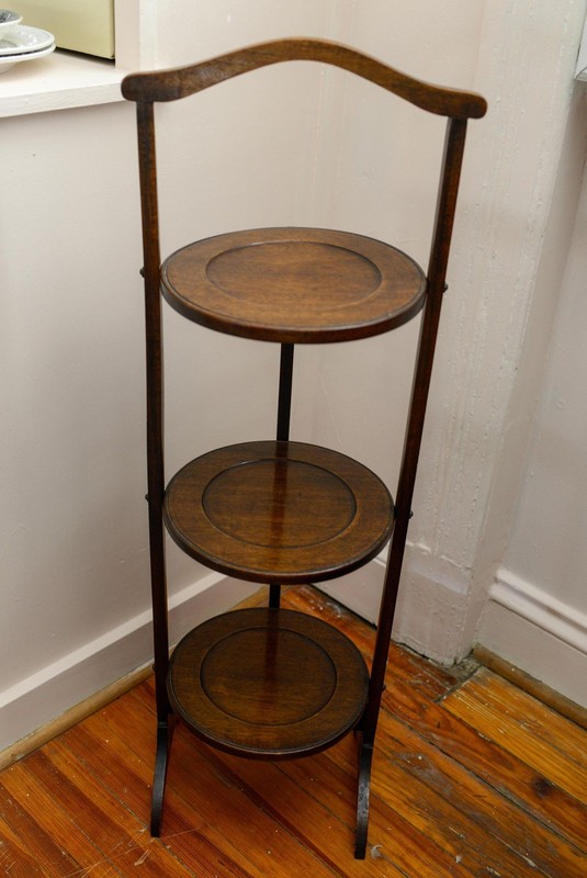 Oak Edwardian English Tilting Muffin Cake Stand Folding Server gallery