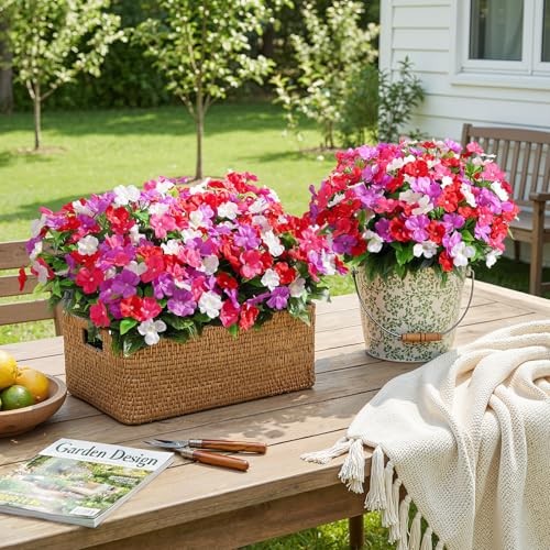 Bundles Artificial Impatiens Flowers Faux Silk Plant for 8 Redwhitepurplerosy gallery
