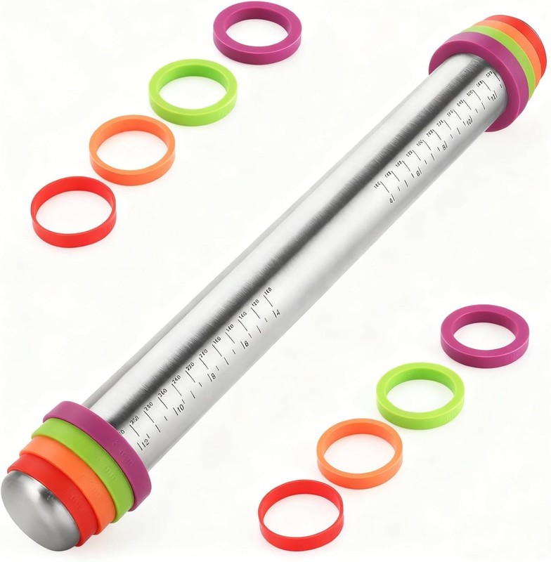 Stainless Steel Rolling Pin W/ Adjustable Thickness Rings 4 Interchangeable