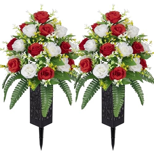 Artificial Cemetery Flowers – Grave Decorations, Cemetery 2 bouquets Red+white