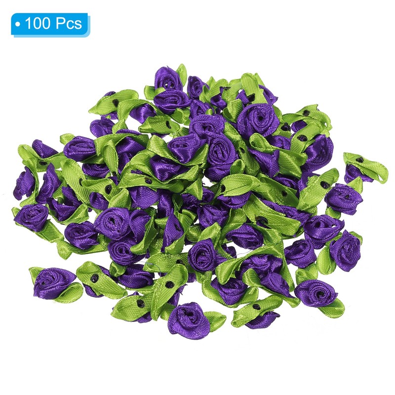 Mini Ribbon Roses, 100 Pcs Tiny Satin Fabric Flowers with Green Leaves, Purple gallery