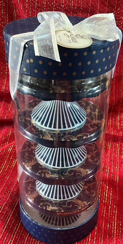 Grace Victorian Cupcake Stands Mini Dessert Pedestals Navy & Gold Polka Dot 4 pc