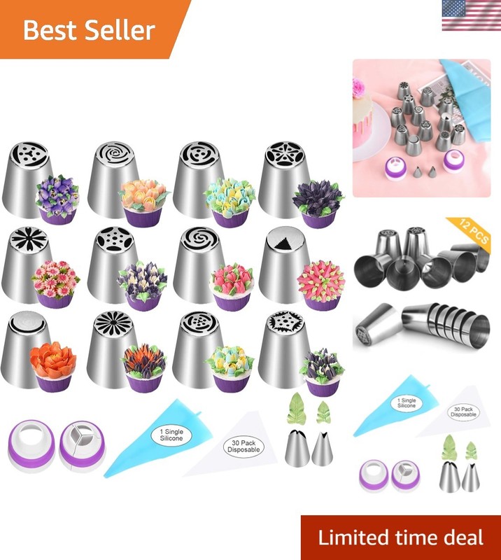 47 Pcs Russian Piping Tips Set, 12 Flower Frosting Nozzles Icing Tips for Cak…