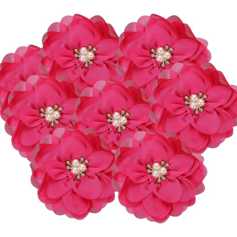 3.15 Inch Rhinestone Chiffon Flower, 10 Pcs Fabric Appliques, Hot Pink
