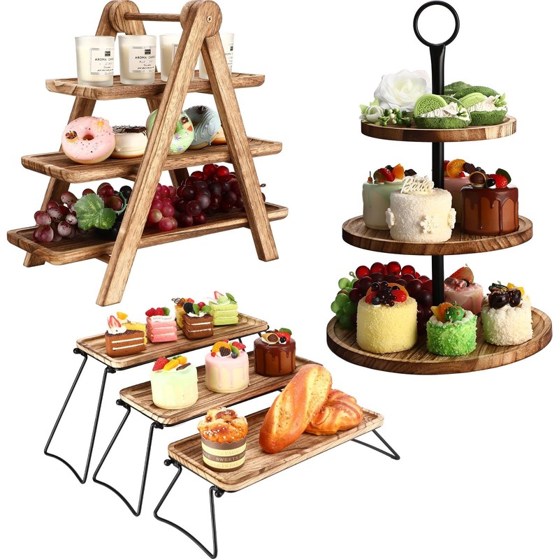 Set of 3 Wood Cupcake Stand 3 Tiered Serving Tray Rustic Wooden Dessert Cake …