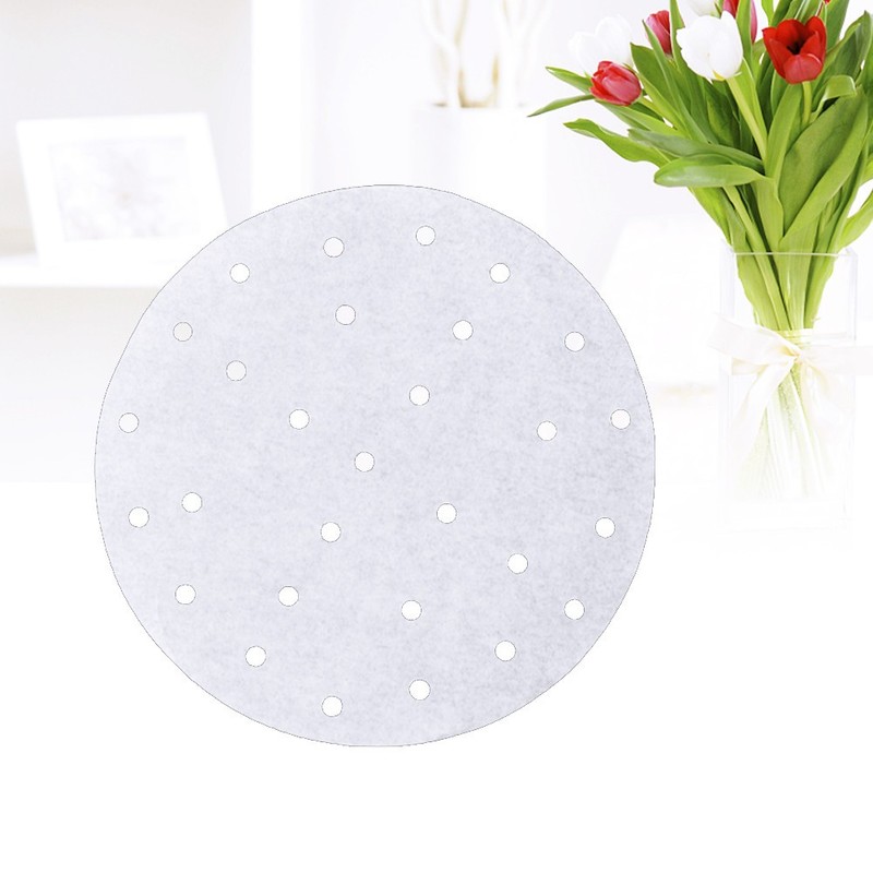 100Pcs Round Perforated Steamer Paper Reusable White for Bamboo Steamers