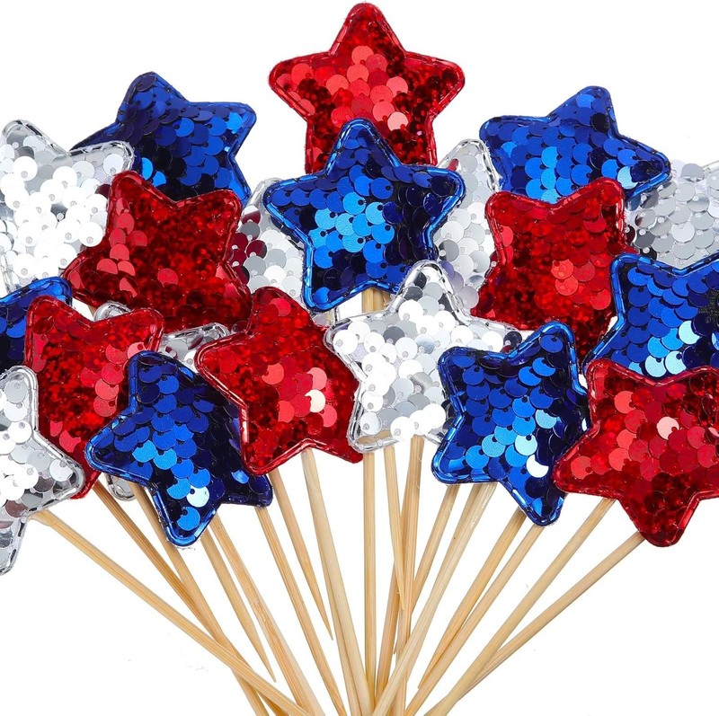 120 Pcs Glitter Star 4th of July Cupcake Toppers Patriotic Cupcake Picks Blue