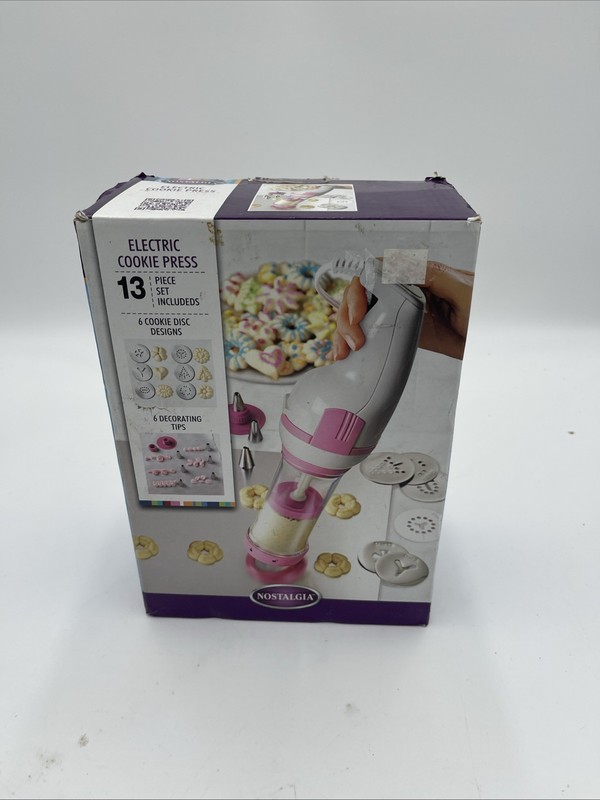 Nostalgia Electric Cookie Press Pink Corded Piping Tubes Cookie Discs