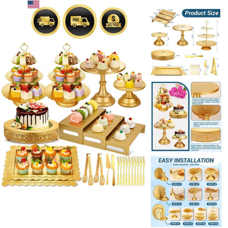 Metal Gold Dessert Table Display Set Including Cake Stands, Cupcake Tower Sta…