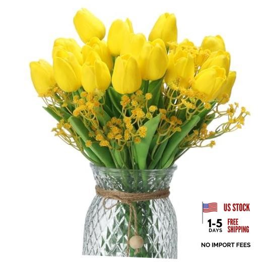40PCS Tulip Artificial Flowers Babysbreath, 13″ PU Tulip Fake Flowers Yellow