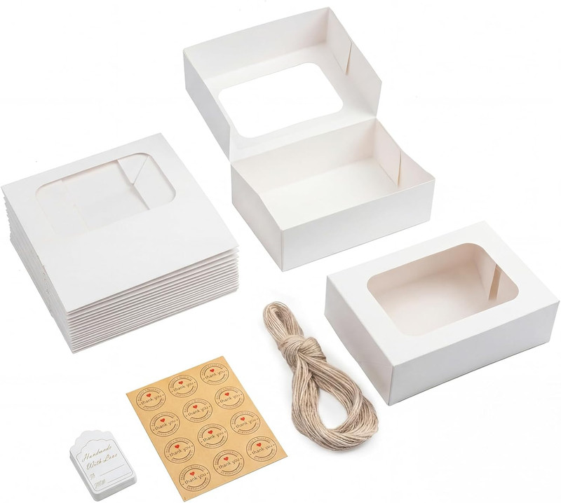 YEKTFS 24 Pack Cookie Boxes with Window, 9x6x3 Inch White Bakery Containers for gallery