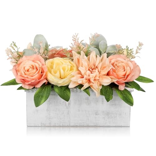 Flower Arrangement with Wooden Vase 10″ Artificial Flowers in Pot 10″l Orange