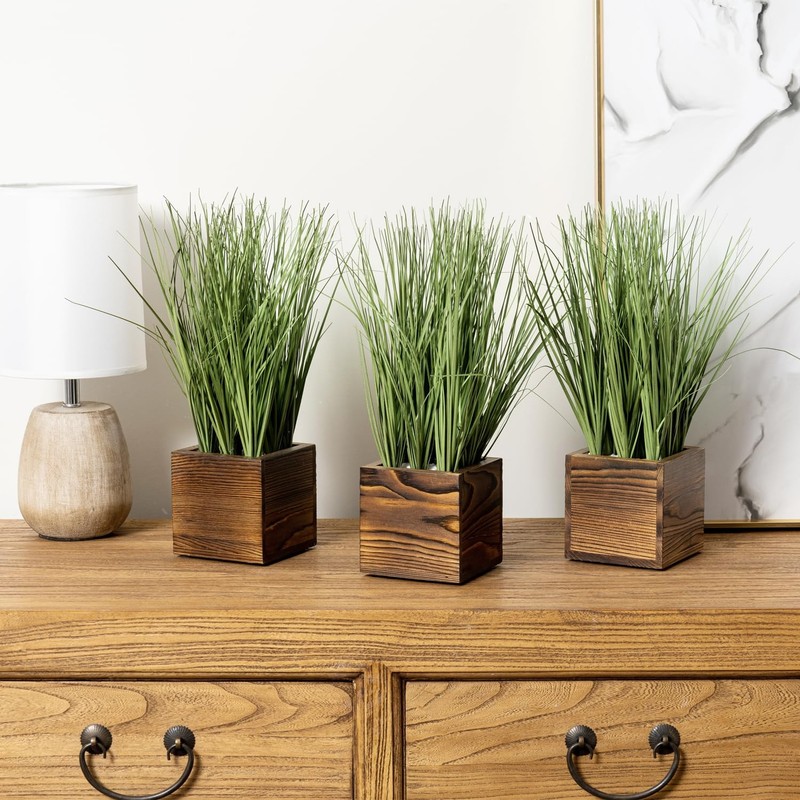 Mygift Artificial Green Grass Plants Trio In Rustic Burnt Solid Wood Planter gallery