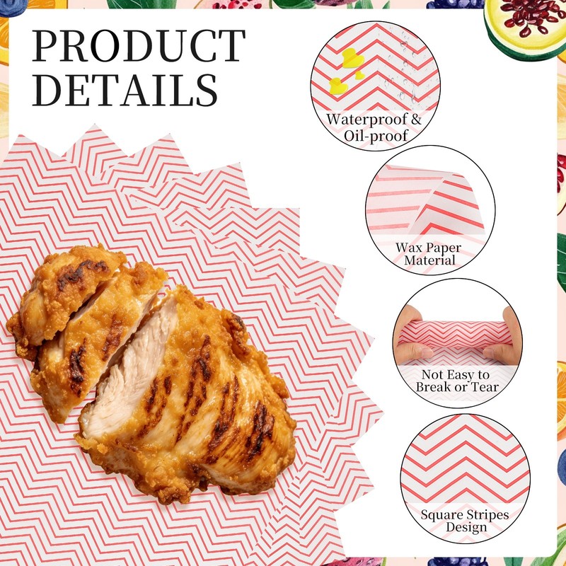 100 Pack Wax Paper Sheets, 11.8" x 11.8" Wavy Stripes Wrapping Paper, Red gallery