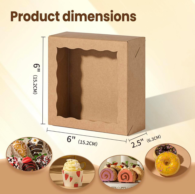 15Pcs Cookie Boxes with Window, 6X6X2.5In Brown Bakery Boxes for Treats, Small C gallery