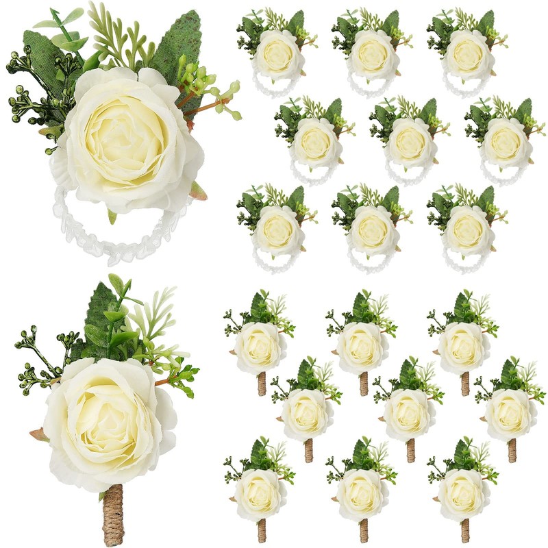 Jexine 36 Pcs Rose Wrist Corsage And Boutonniere Set 18 White Bridegroom