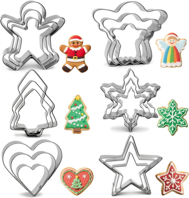 Christmas Cookie Cutters Set – 18 Pieces 6 Shapes – Gingerbread Man, Christmas T