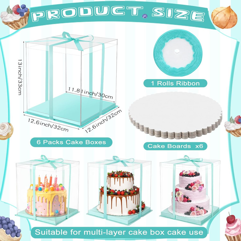 6 Pack Large Clear Cake Box with round Cake Boards and Ribbon Taller Box Carrier gallery