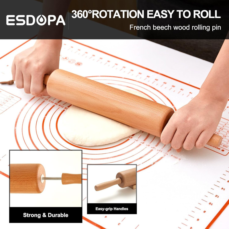 Wood Rolling Pin Set with Mat Stand Beech Dough Roller Baking Kit gallery